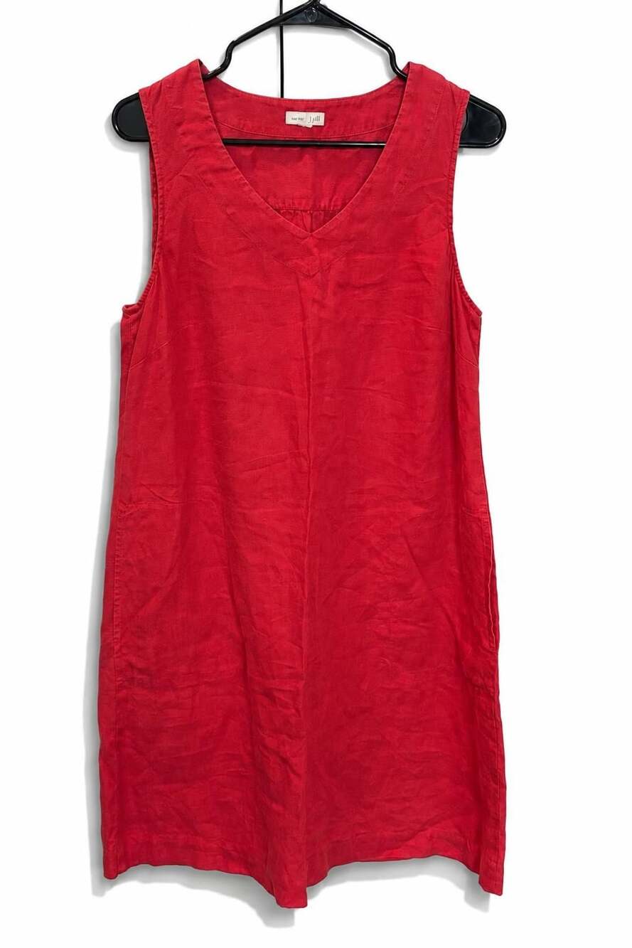 J Jill Love Linen Sleeveless Pink/ Red Shift Dress V Neck Pockets Medium